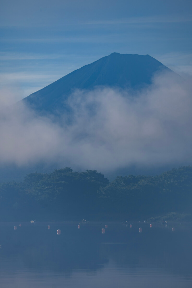 精進湖他手合浜の富士山と夏の朝霧